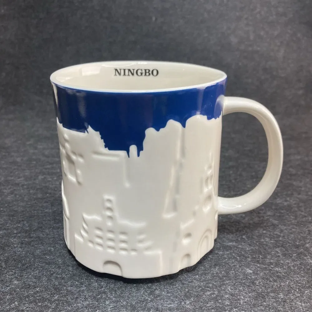 Starbucks Ningbo 2013 Relief 3D Coffee Tea‎ Cup Mug 16 oz City Skyline Blue